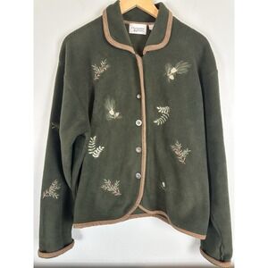Christopher & Banks Fleece Jacket Women's L Green Embroidered Pine Tree Nature